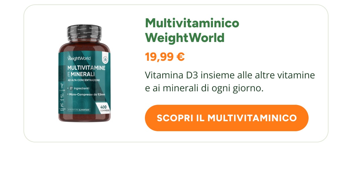 Multivitaminico WeightWorld 19,99 € Vitamina D3 insieme alle altre vitamine e ai minerali di ogni giorno. Scopri il multivitaminico