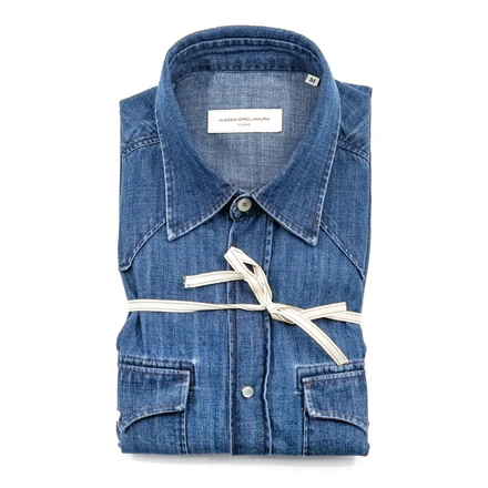 Camicia Denim Blu con Bottoni a Pressione