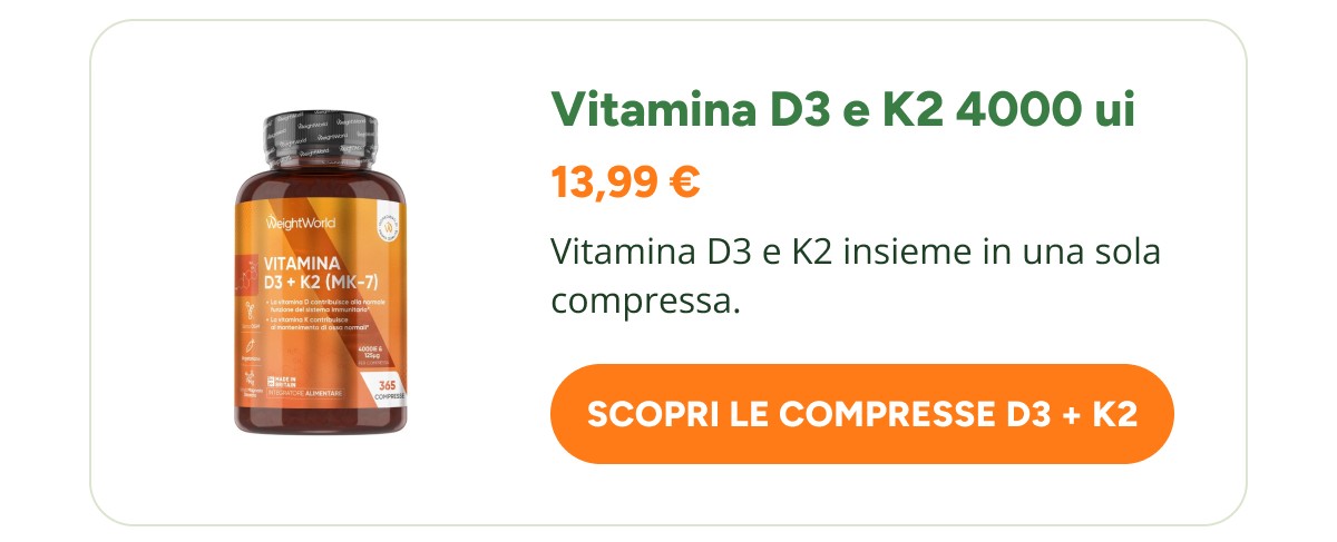 Vitamina D3 e K2 4000 ui 13,99 € Vitamina D3 e K2 insieme in una sola compressa. Scopri le compresse d3 + K2