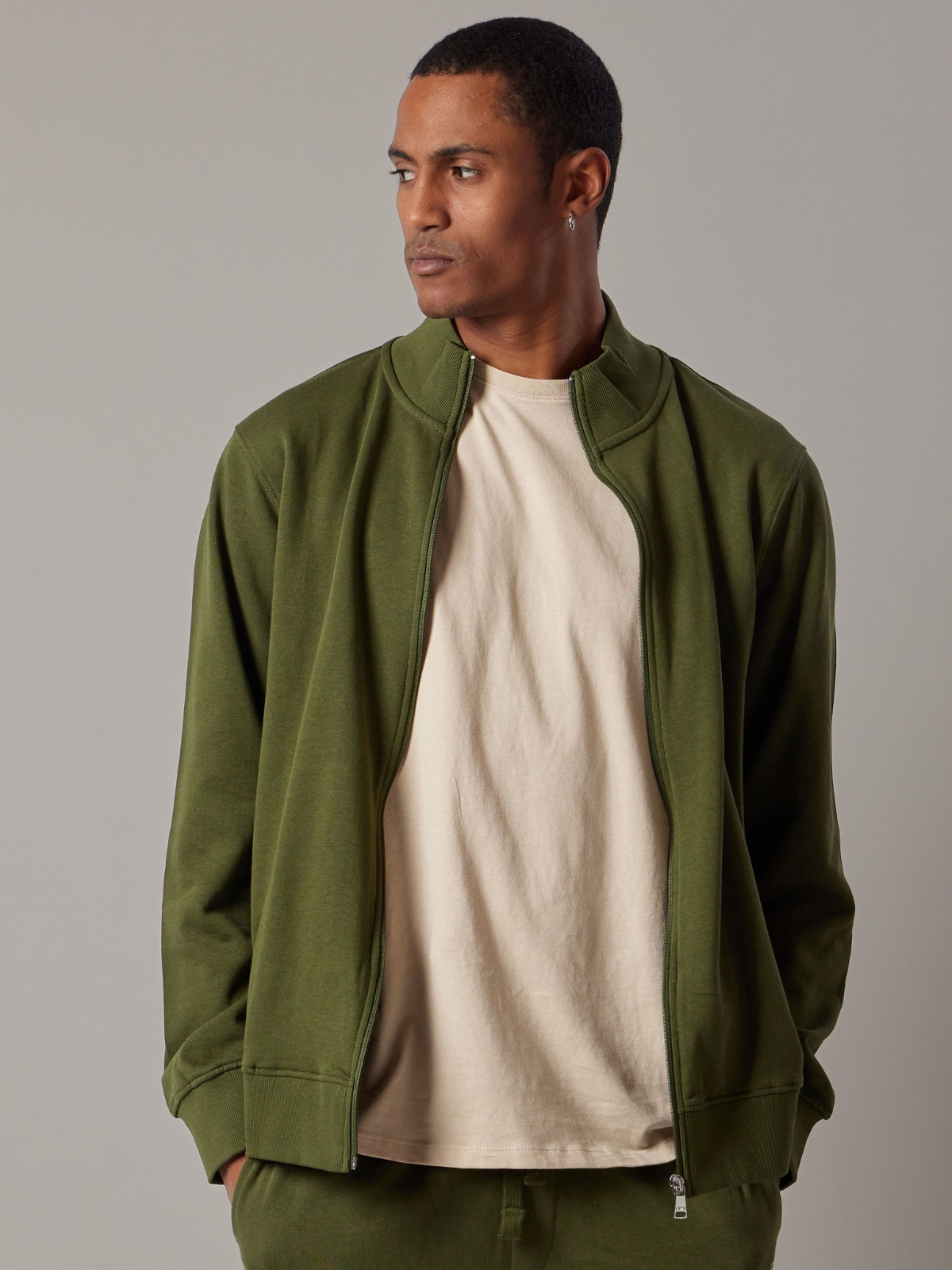 Felpa Felpata con Zip Verde Militare