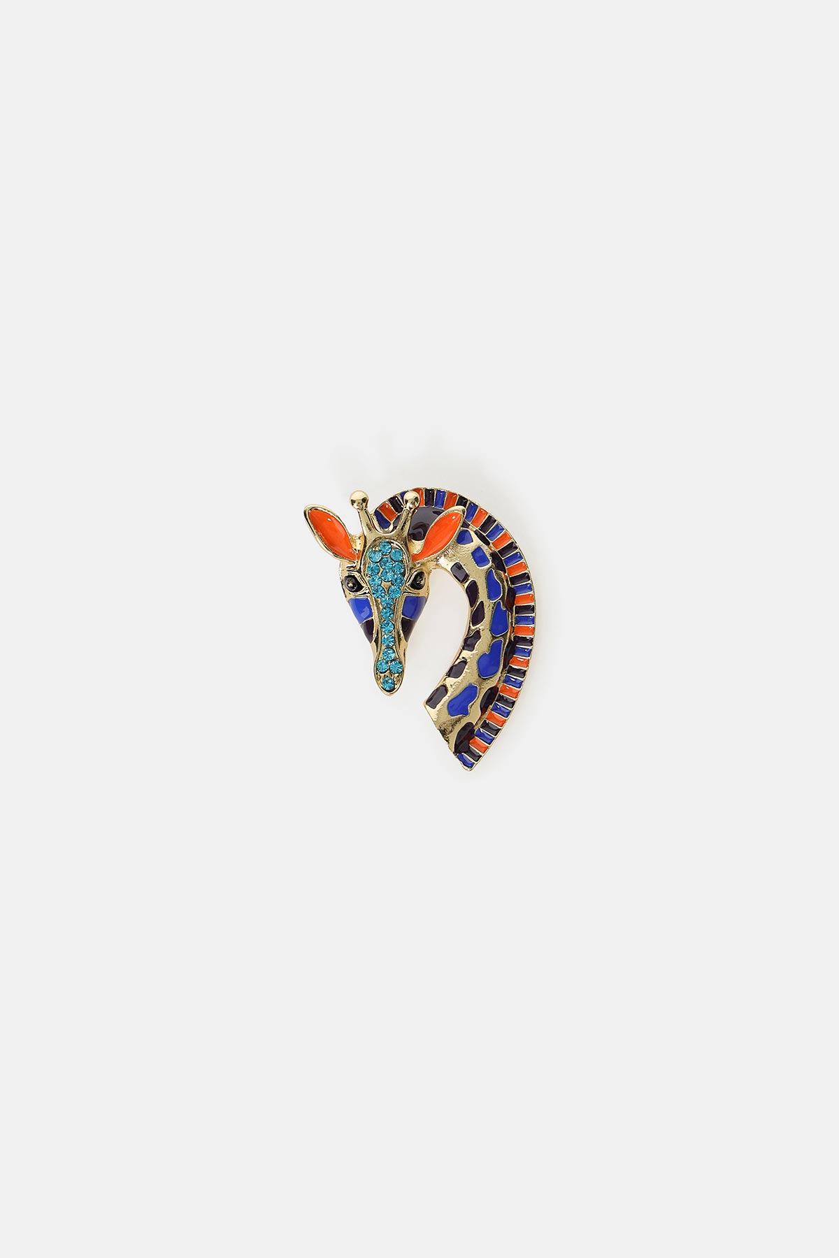 Colourful enamel and crystal giraffe brooch pin with orange, blue and turquoise detailing on white background