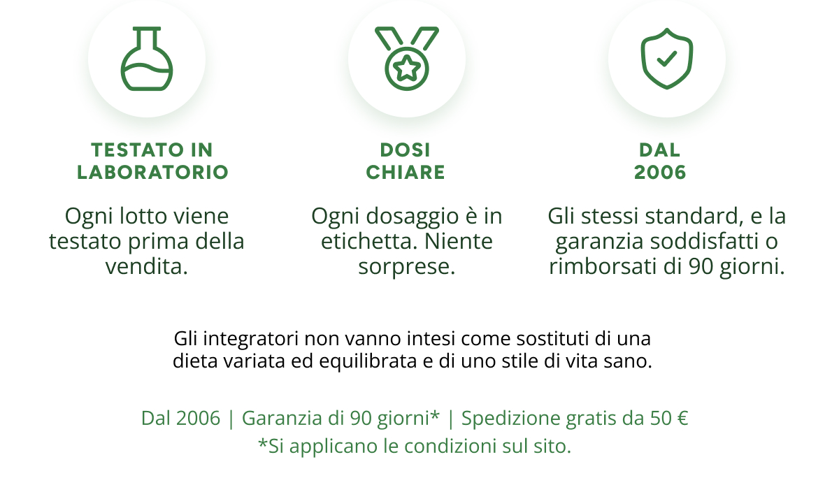 Testato in laboratorio Ogni lotto viene testato prima della vendita. Dosi chiare Ogni dosaggio è in etichetta. Niente sorprese.