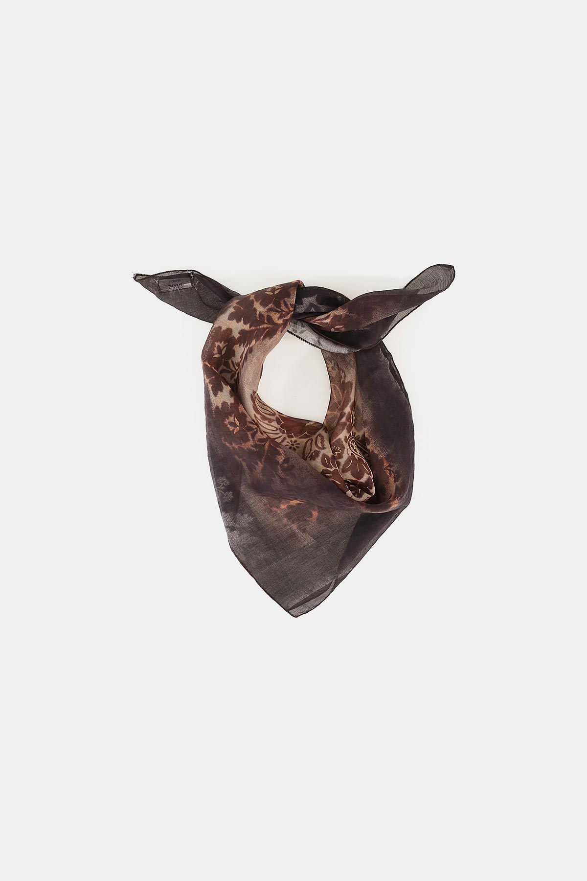 Brown patterned silk bandana scarf with animal-print accents, tied in a knot on a white background