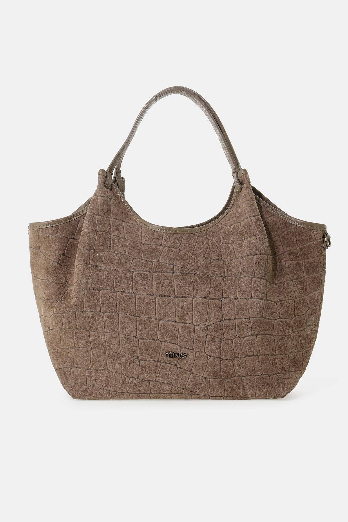 Taupe suede tote bag with embossed crocodile texture, two top handles and zip closure, roomy everyday handbag