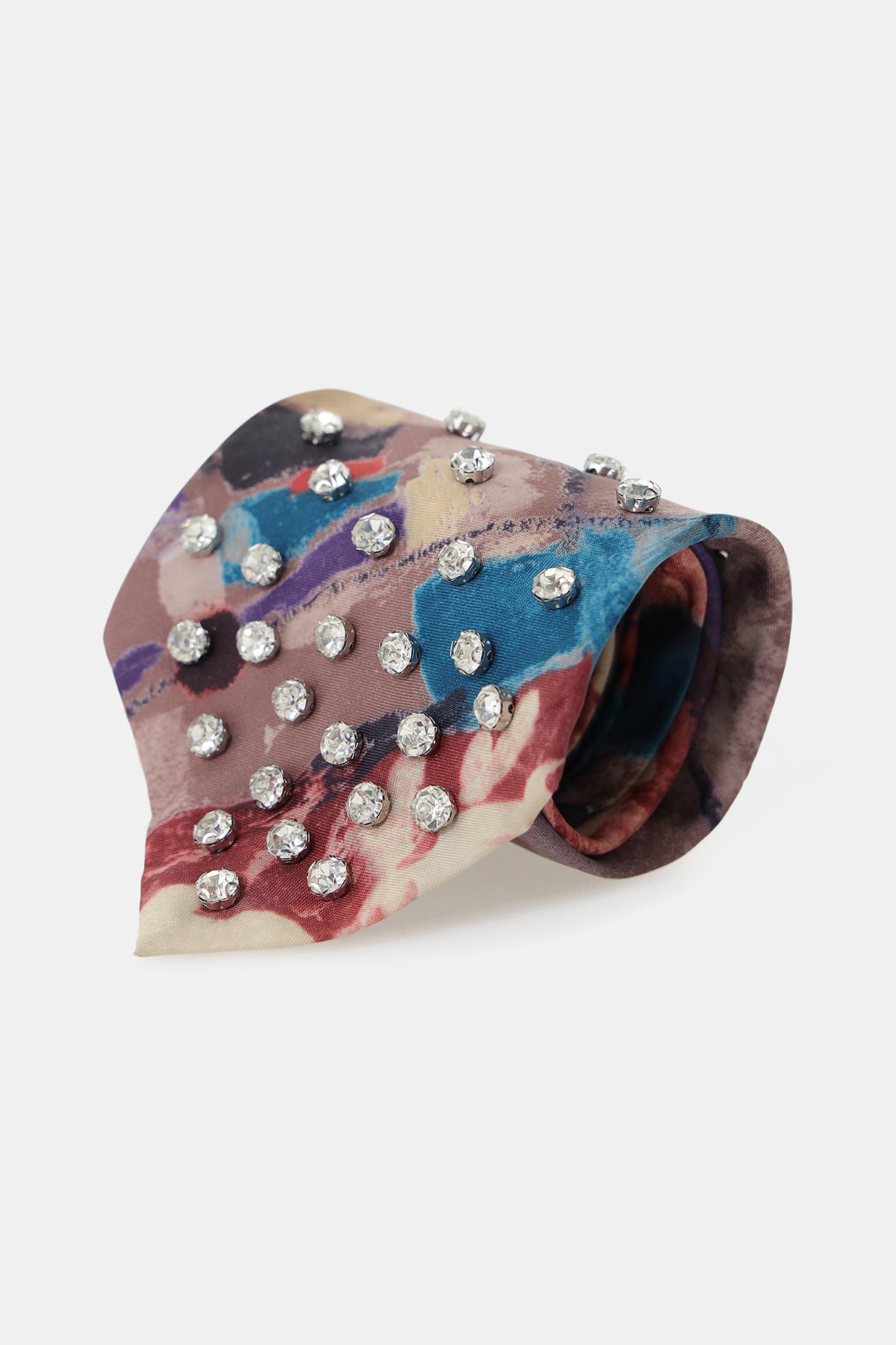 Rolled floral silk tie with multicolour abstract print and rows of sparkling crystal studs on white background