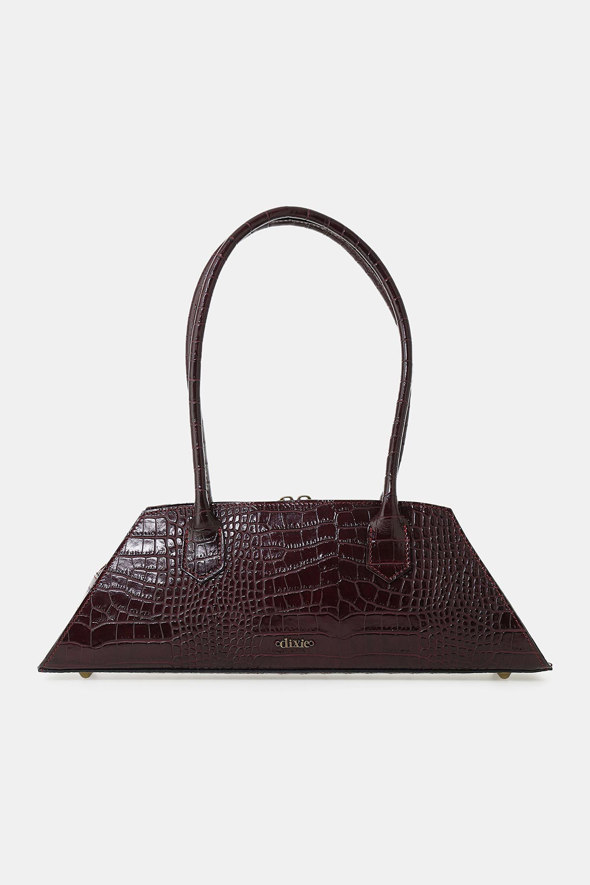 Dark burgundy crocodile‑embossed trapezium tote bag with double top handles and small gold logo plaque, structured evening handbag