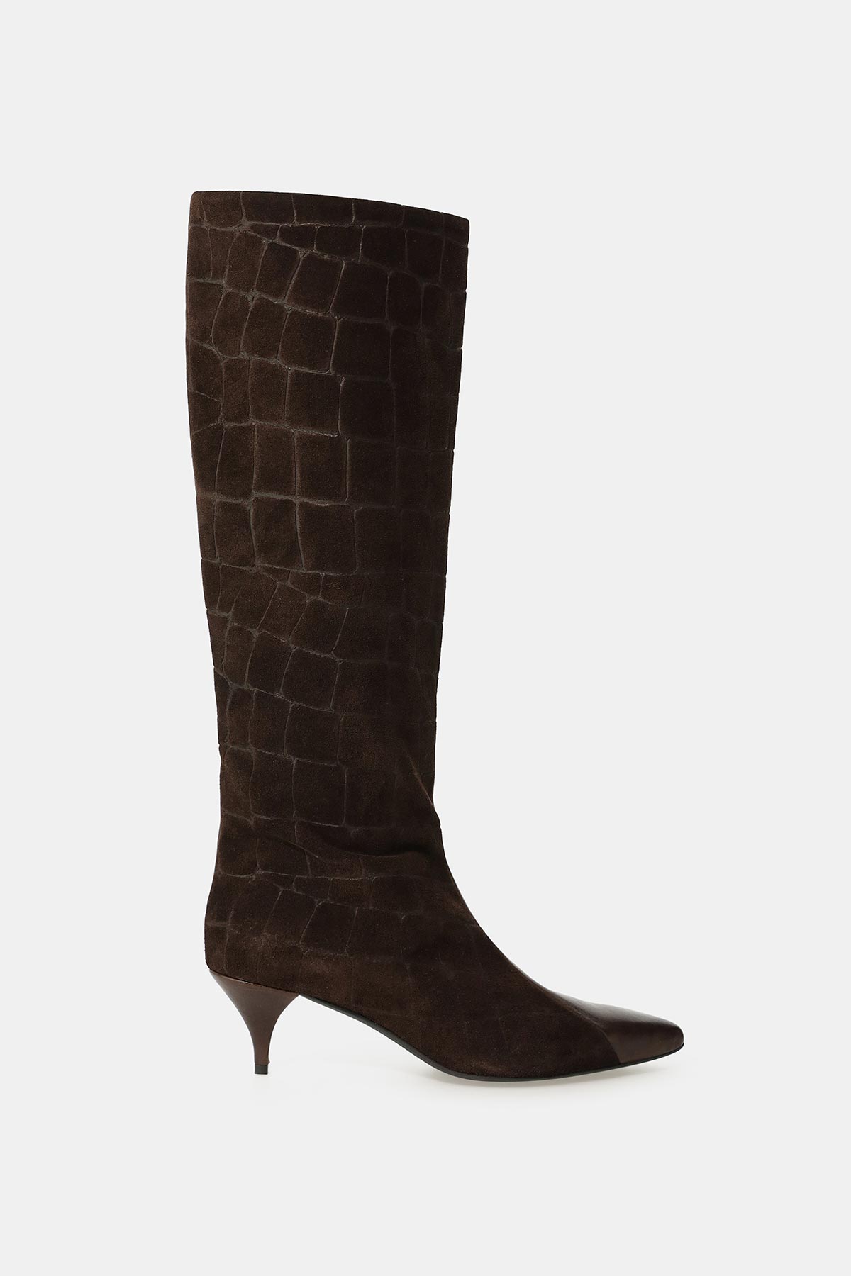 Dark brown suede knee-high women's boot with crocodile-embossed texture, pointed toe and low kitten heel