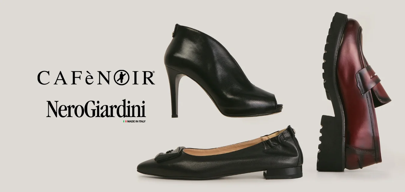 Tre scarpe esposte fianco a fianco: décolleté nera, ballerina nera e mocassino bordeaux con suola spessa su sfondo beige.