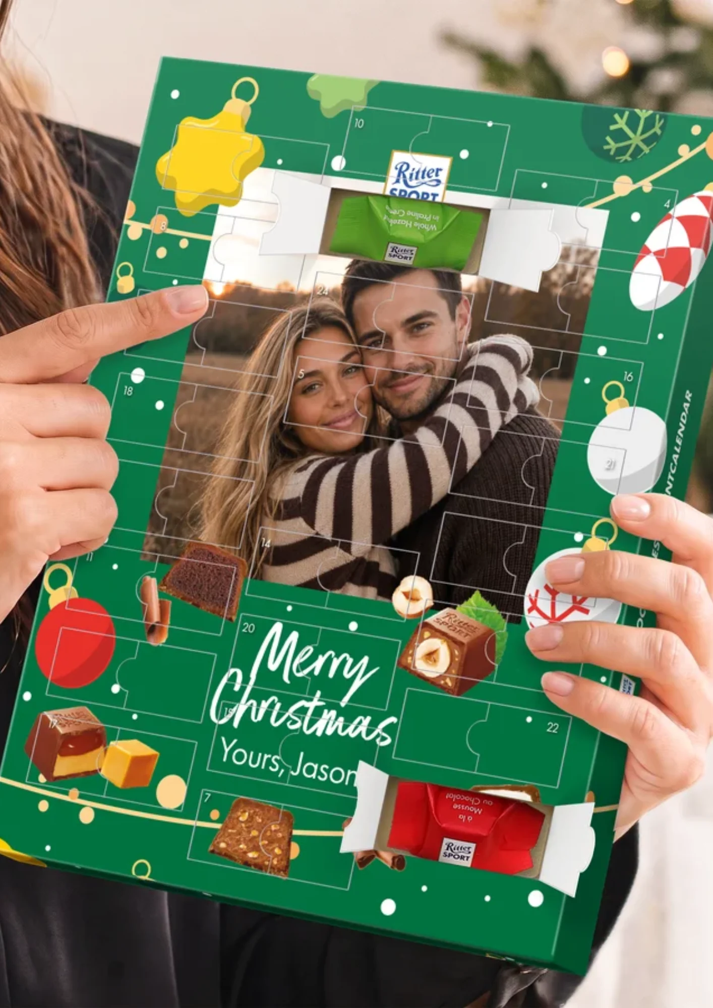 Un <i>calendario dell'Avvento Ritter Sport</i> personalizzato pieno di sorprese al cioccolato ogni giorno