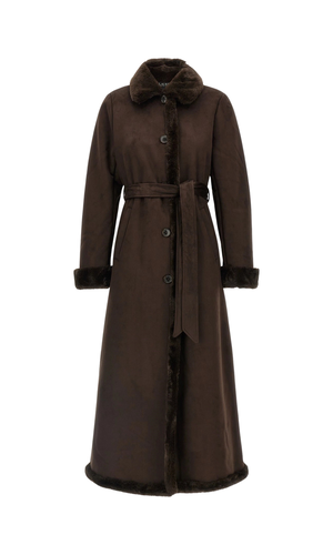 Faux-shearling trimmed belted coat