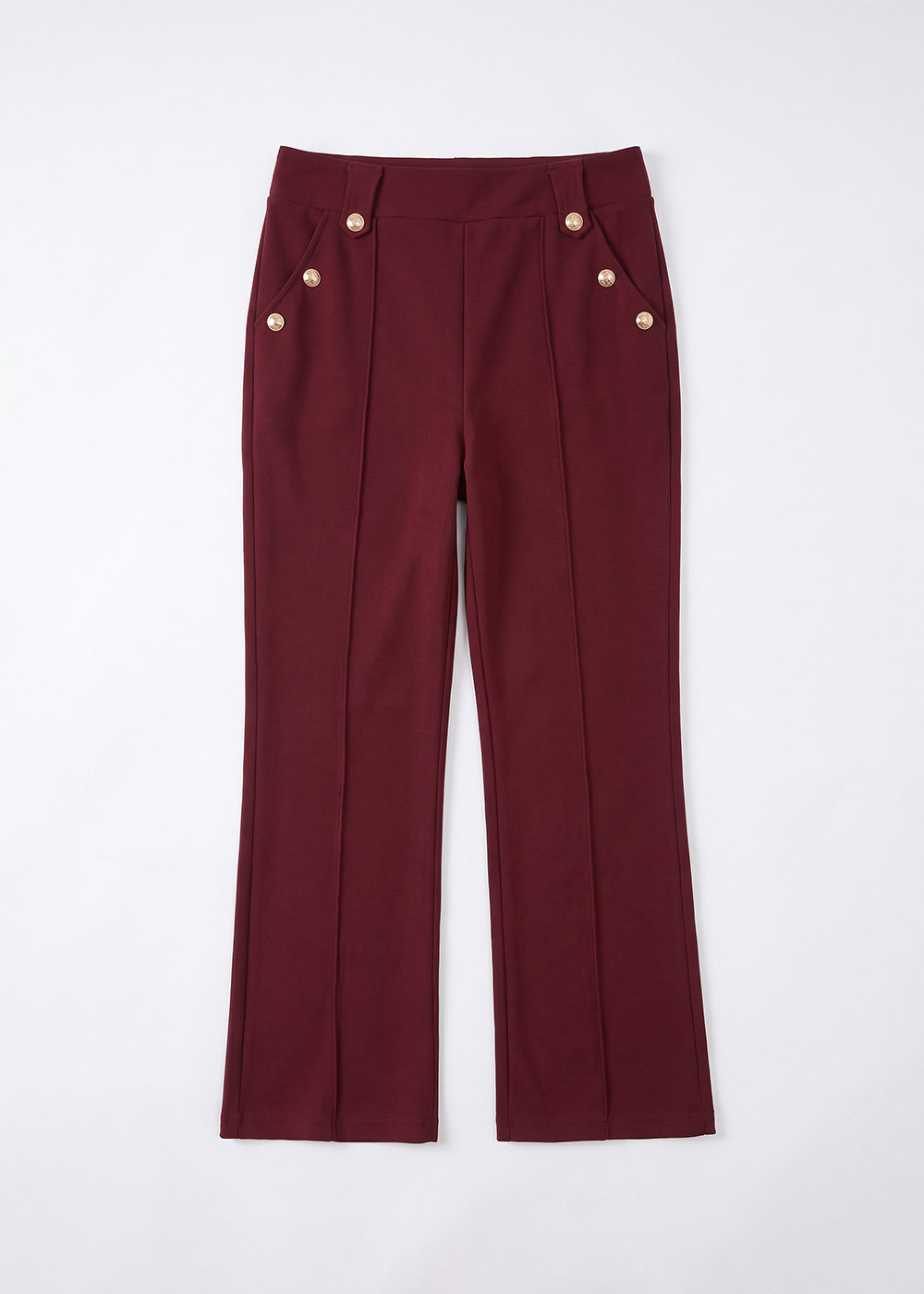 Burgundy high-waist wide-leg women’s trousers with front seams and gold decorative buttons at the pockets, flat-lay on white background