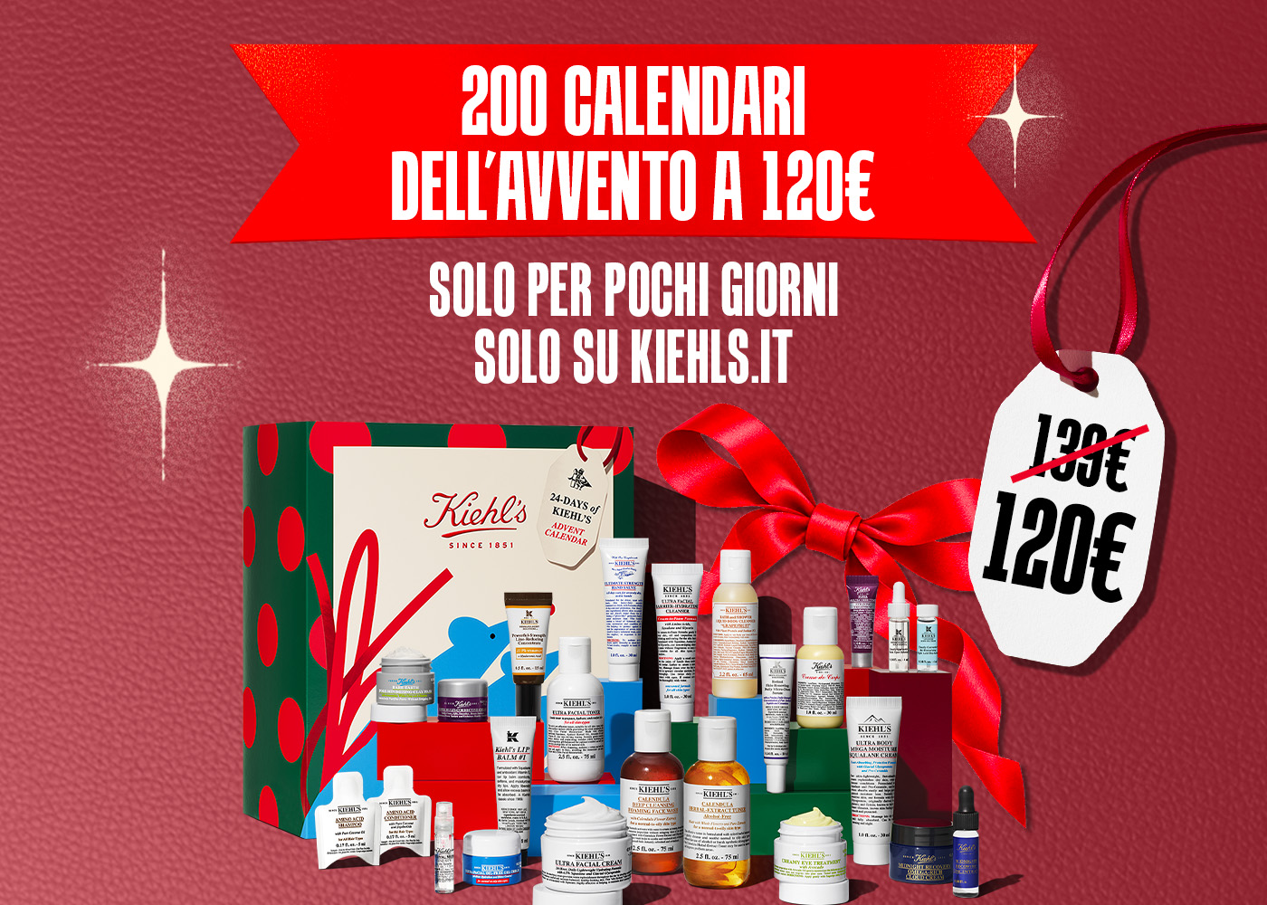 200 calendari dell'avvento a 120&euro; solo per pochi giorni su kiehls.it e calendario con tutti i prodotti su sfondo rosso