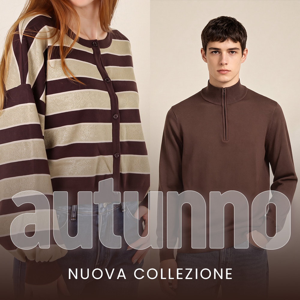Two models showcasing brown autumn knitwear: striped women's cardigan and men's half-zip sweater with 'autunno nuova collezione' text