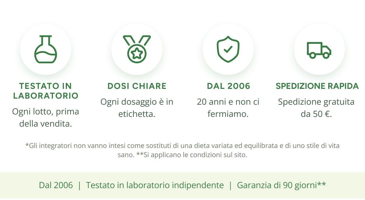 Testato in laboratorio Ogni lotto, prima della vendita. Dosi chiare Ogni dosaggio è in etichetta. Dal 2006 20 anni e non ci fermiamo.