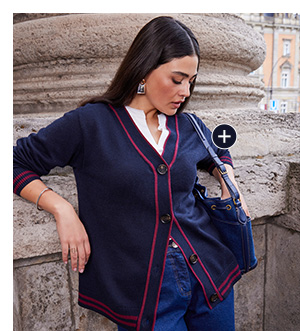 Elegante giacca in maglia con bordi a strisce e scollo a V