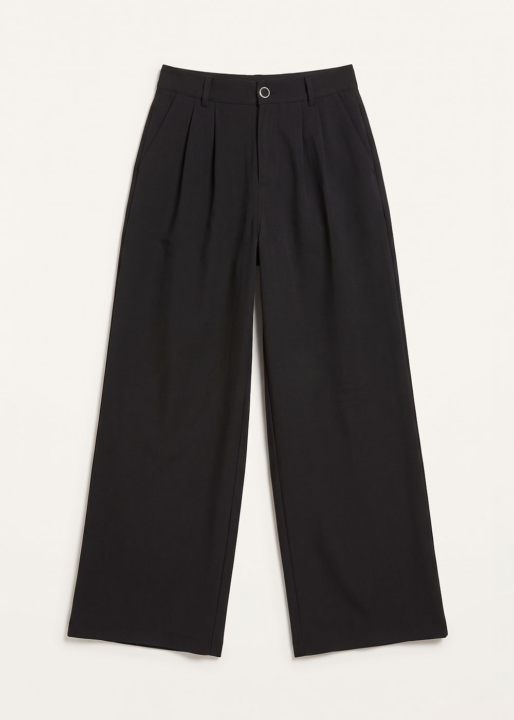 High-waisted black wide-leg trousers with front pleats and belt loops, laid flat on a white background