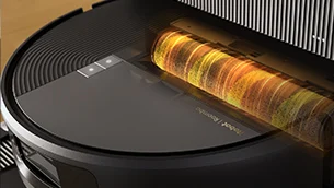 A black robot vacuum with a glowing cylindrical brush on top A black robot vacuum with a glowing cylindrical brush on top