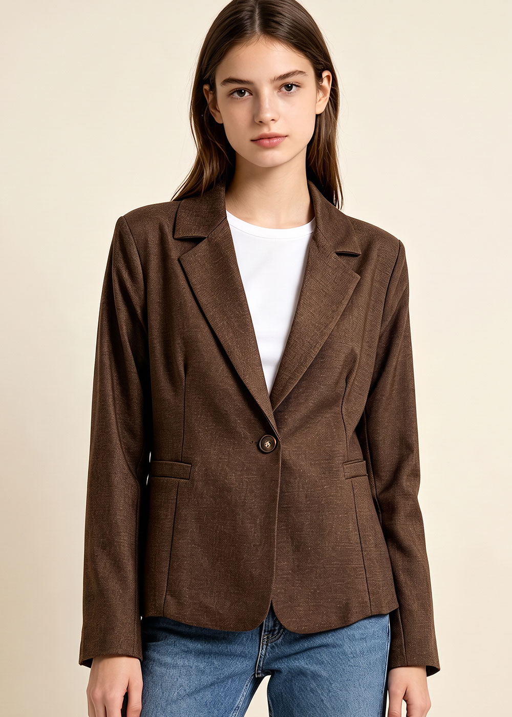 Young woman modelling a brown single-button women's blazer over a white t-shirt and blue jeans on a neutral background