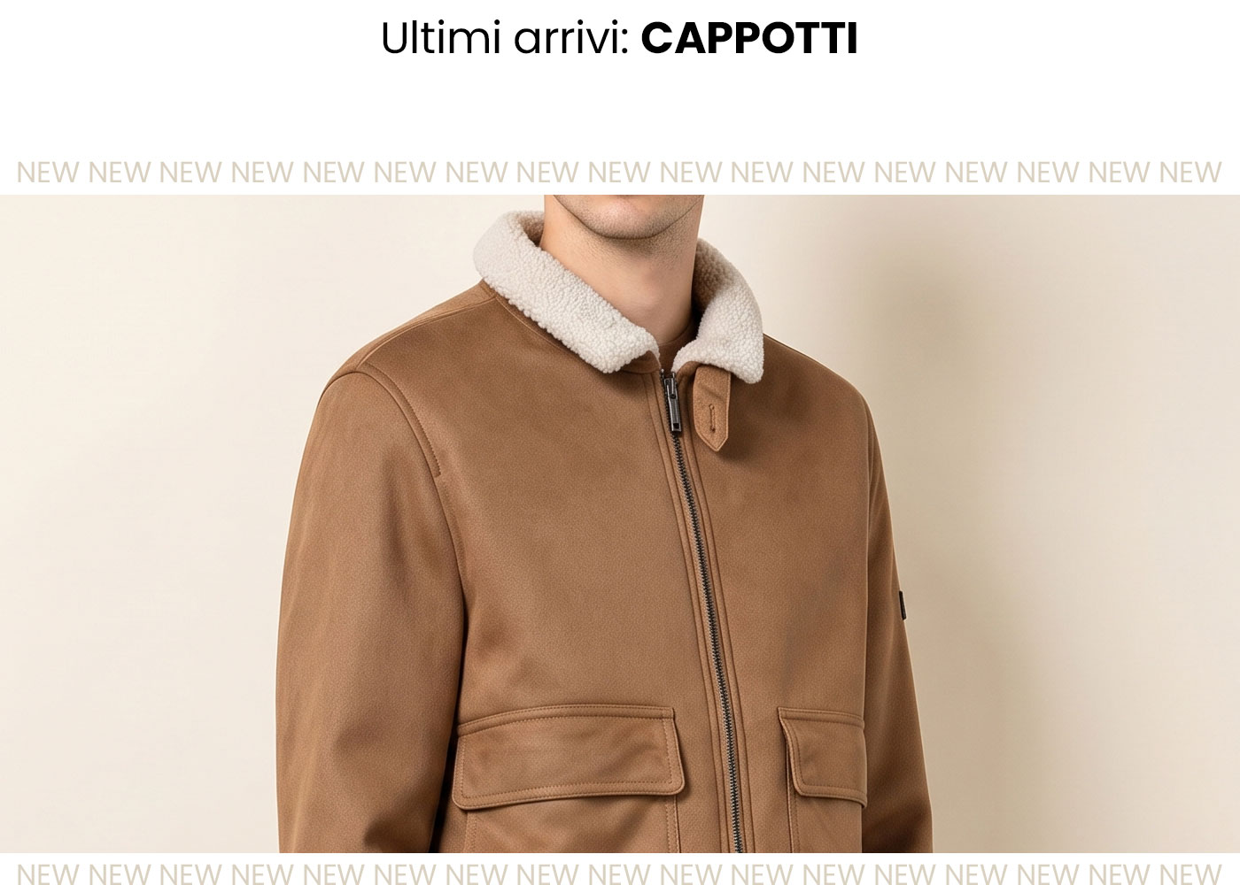 Tan shearling-collar leather coat with zip and flap pockets on a neutral background