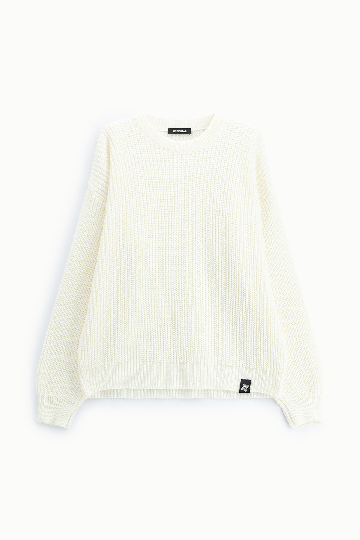 Cream knit crew-neck sweater with long sleeves, ribbed hem and cuffs, textured stitch and small black brand tag at hem