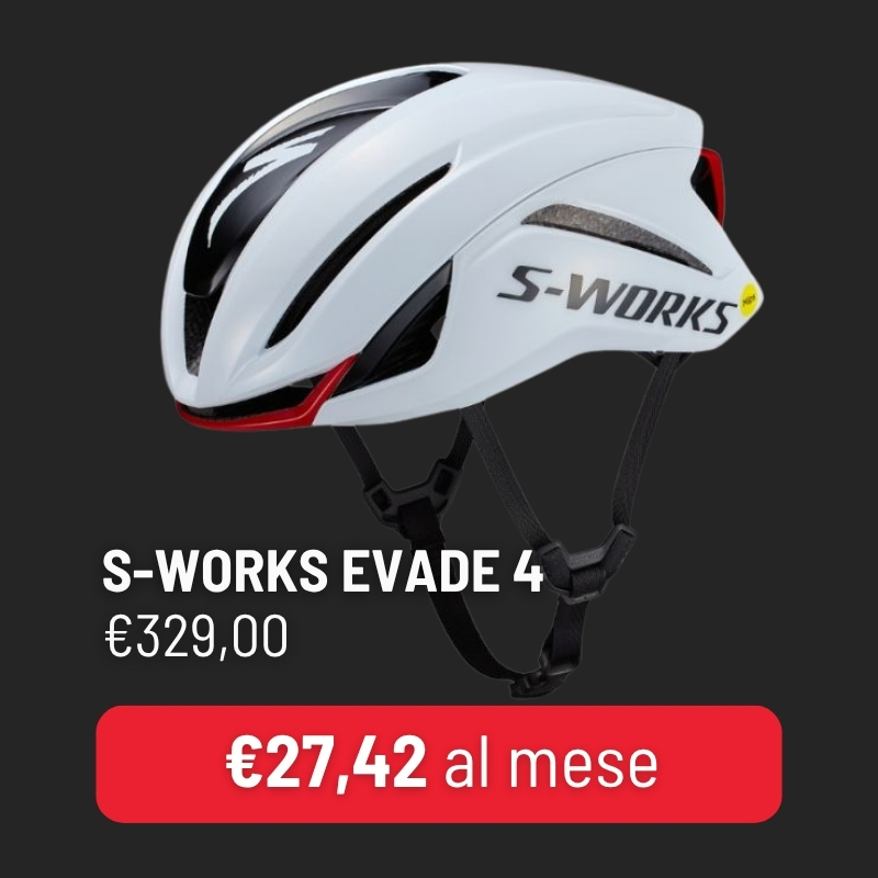 White S-Works Evade 4 cycling helmet with aerodynamic vents, black chin straps and visible yellow MIPS badge