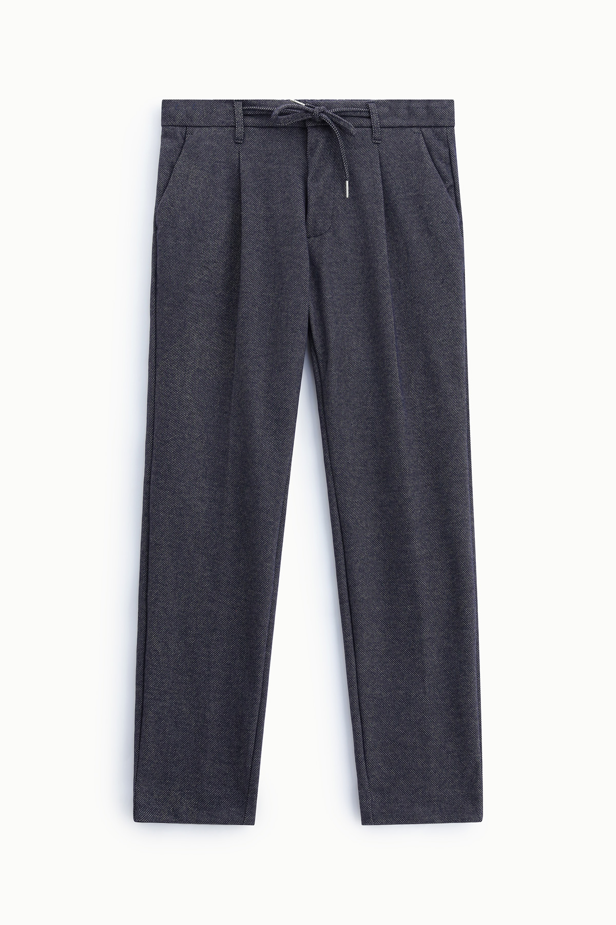 Men's navy textured drawstring trousers, straight fit with front pleats and side pockets