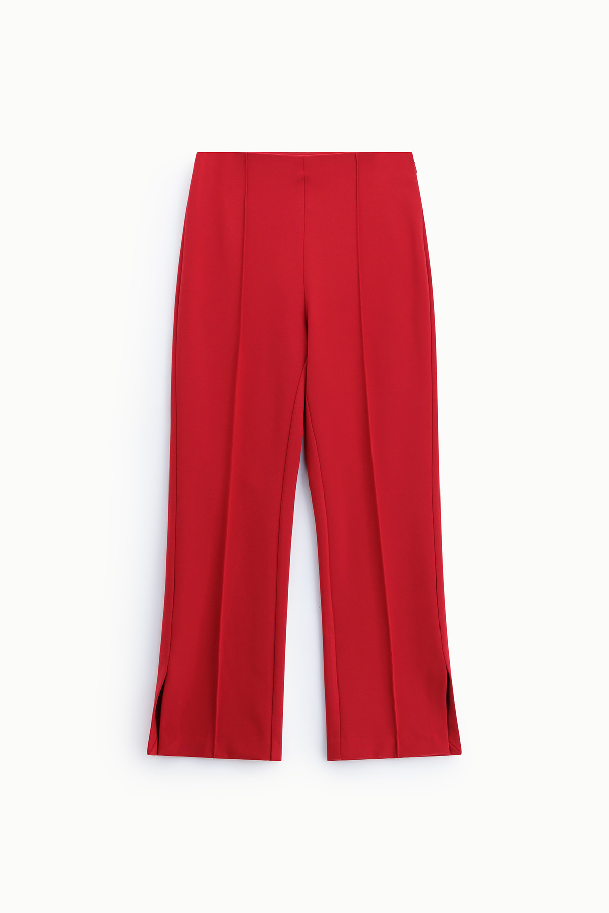 Red tailored wide-leg women's trousers with centre front creases and ankle side slits on white background