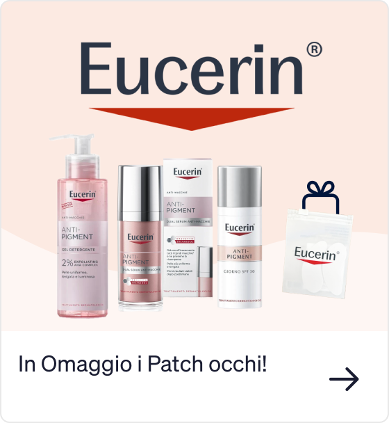 Eucerin Anti‑Pigment product range: cleanser, serum, day cream and complimentary eye patches on pale pink background