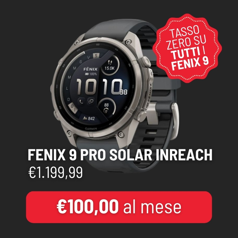 Garmin Fenix 9 Pro Solar InReach smartwatch, priced €1,199.99, €100/month zero‑interest offer badge
