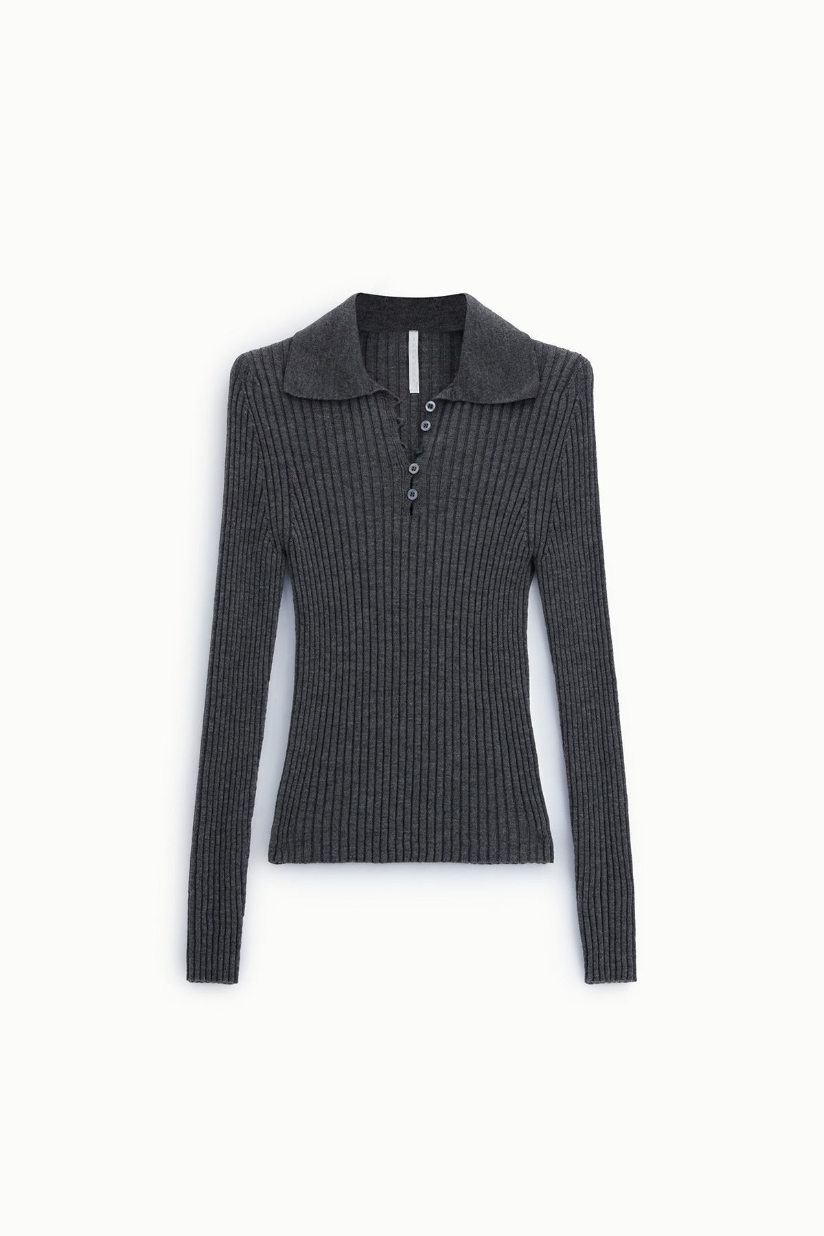 Dark grey ribbed knit long-sleeve fitted polo sweater with button placket, flat-lay on white background