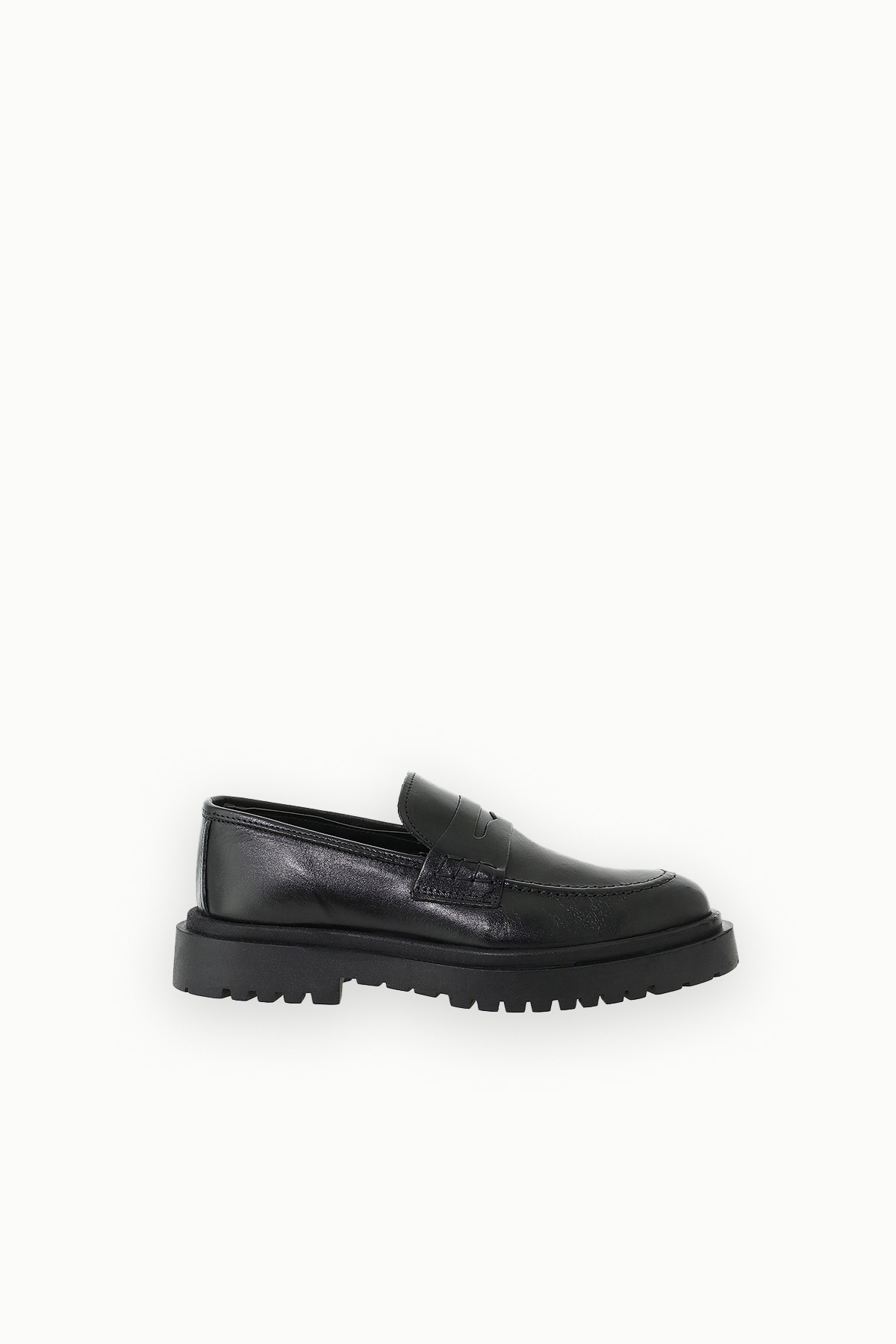 Black leather penny loafer with chunky lug sole, side profile on white background