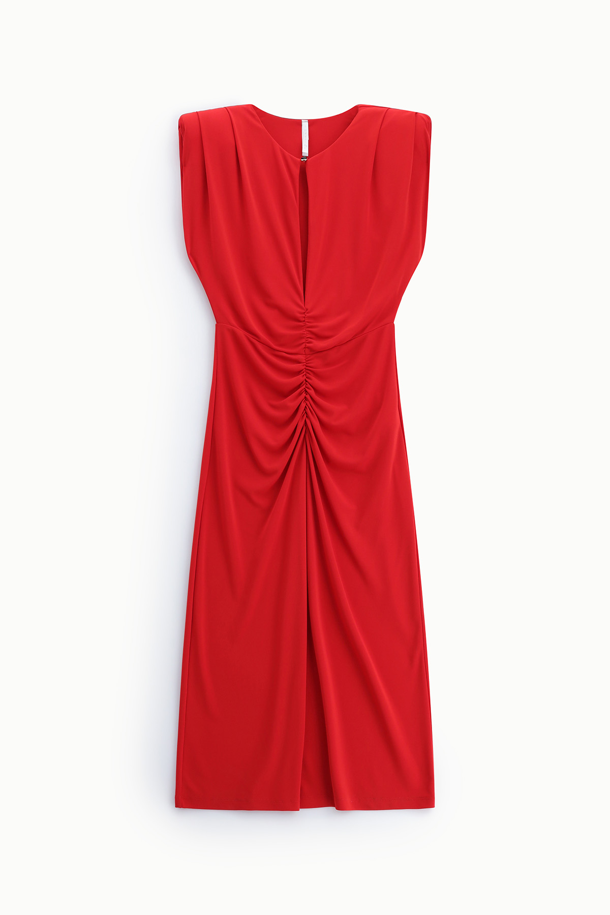 Red sleeveless midi dress with gathered centre back ruching and zip closure, photographed on a white background
