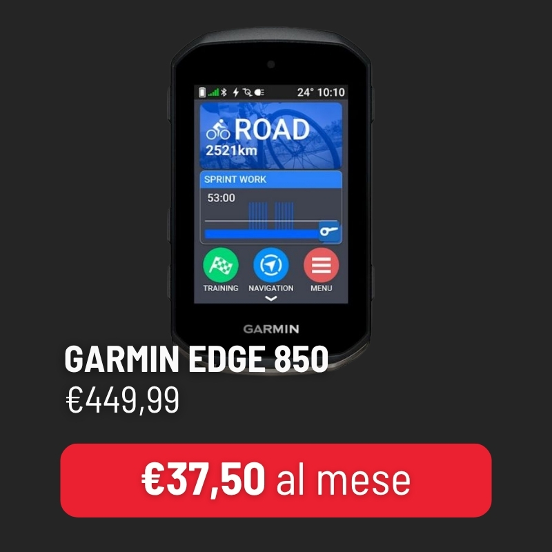 Garmin Edge 850 cycling GPS device with colour touchscreen showing route and training data, price €449.99 (€37.50/month)
