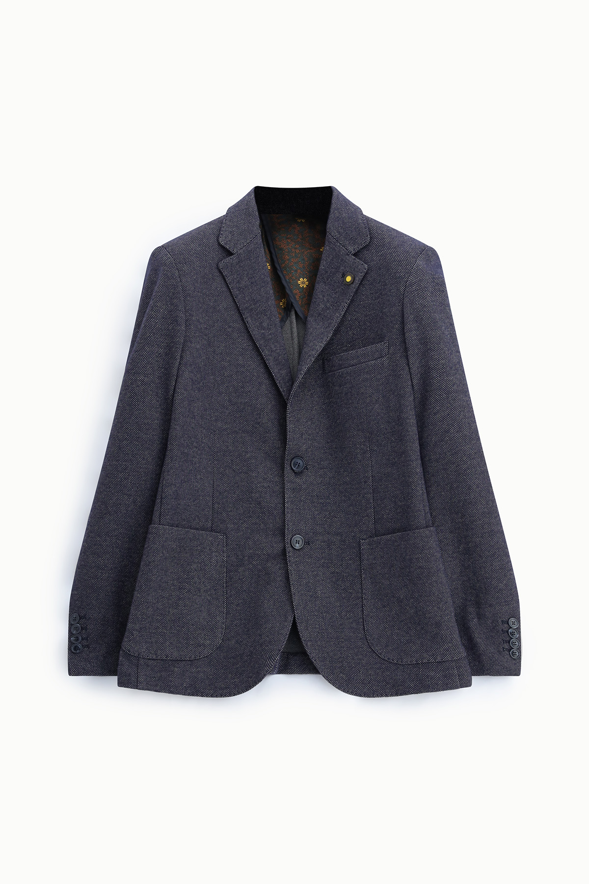Men's navy textured blazer with notched lapel, two-button front, patch pockets and floral inner lining on white background