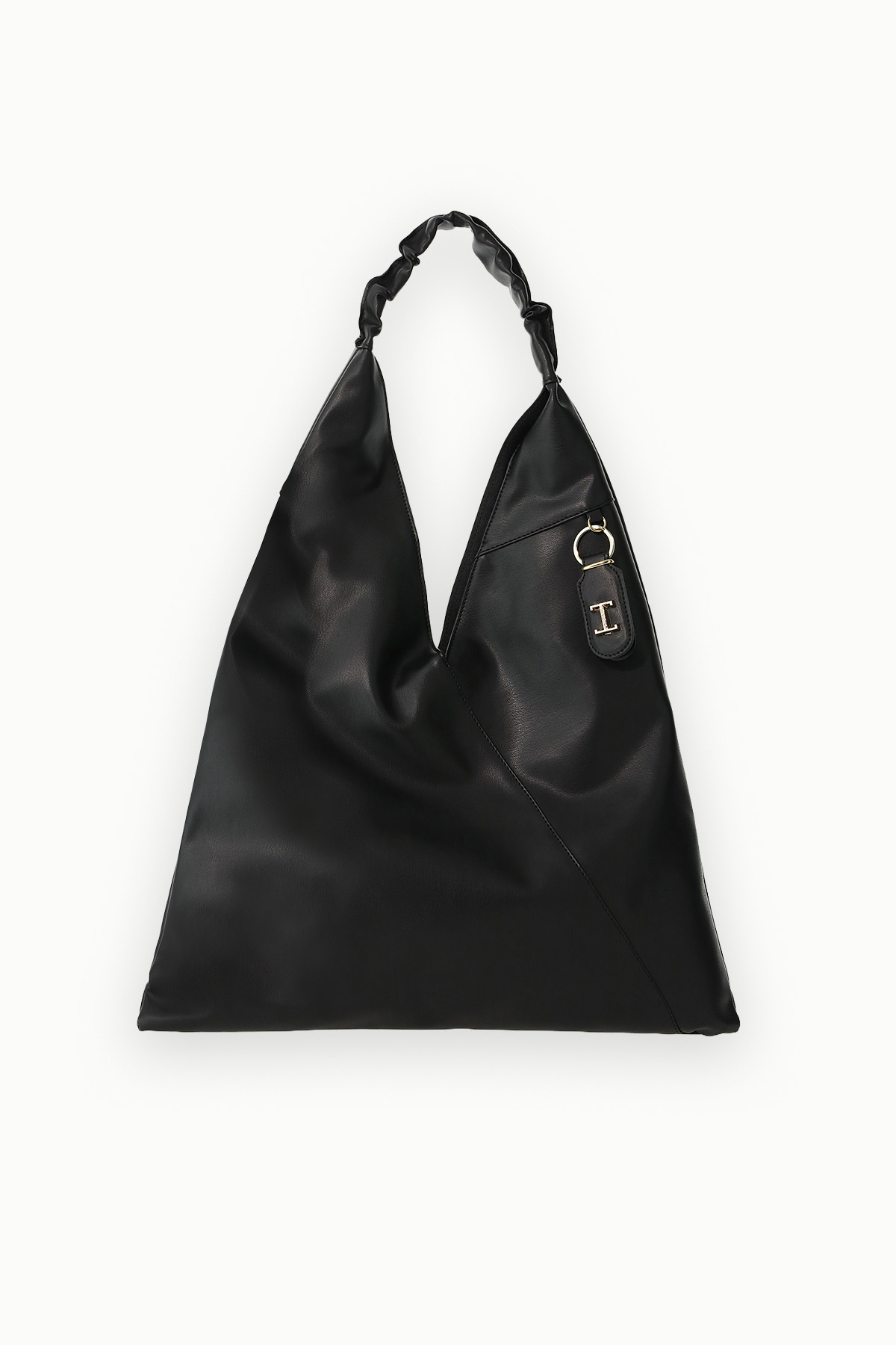 Black leather slouchy hobo bag with braided shoulder strap, triangular silhouette and gold keyring charm