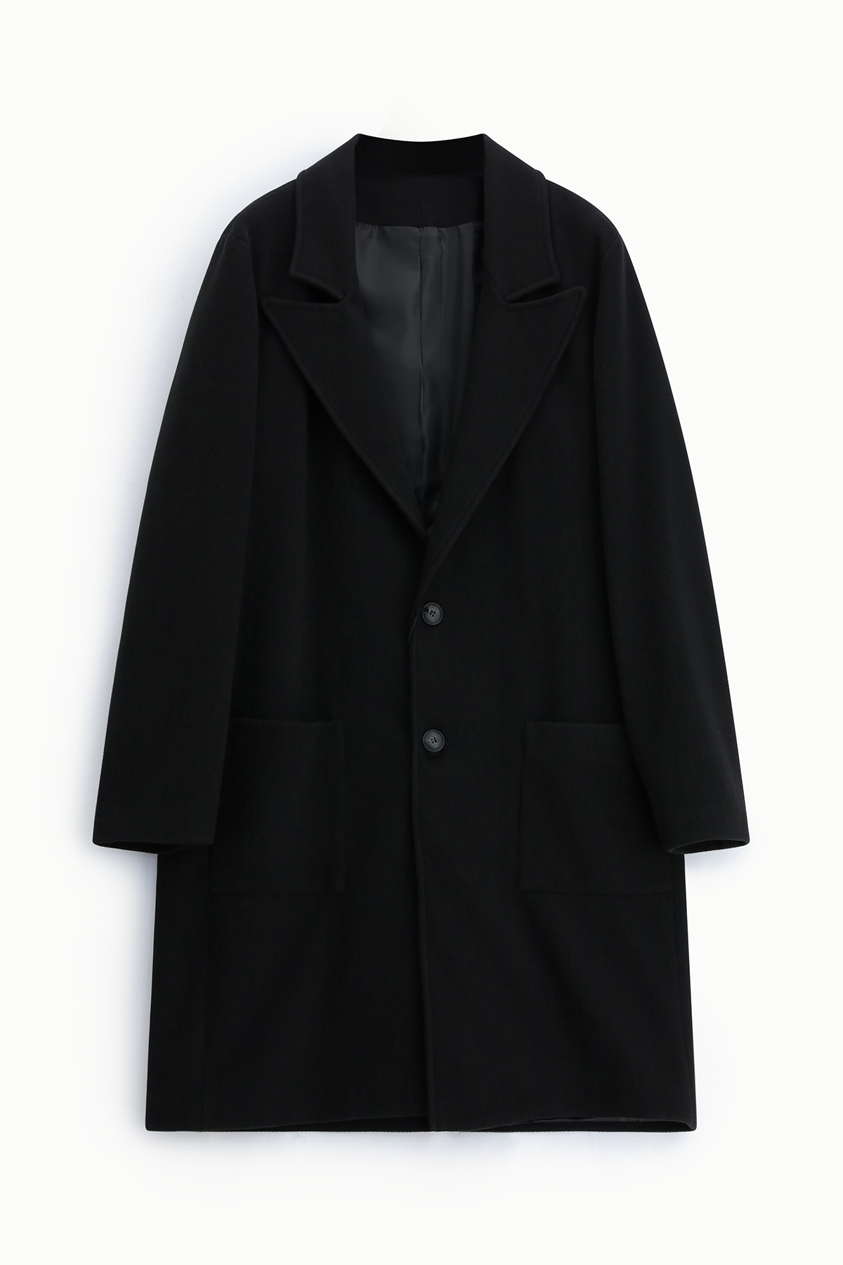 Black long wool overcoat with notch lapel, two front buttons and patch pockets, flat-lay on white background