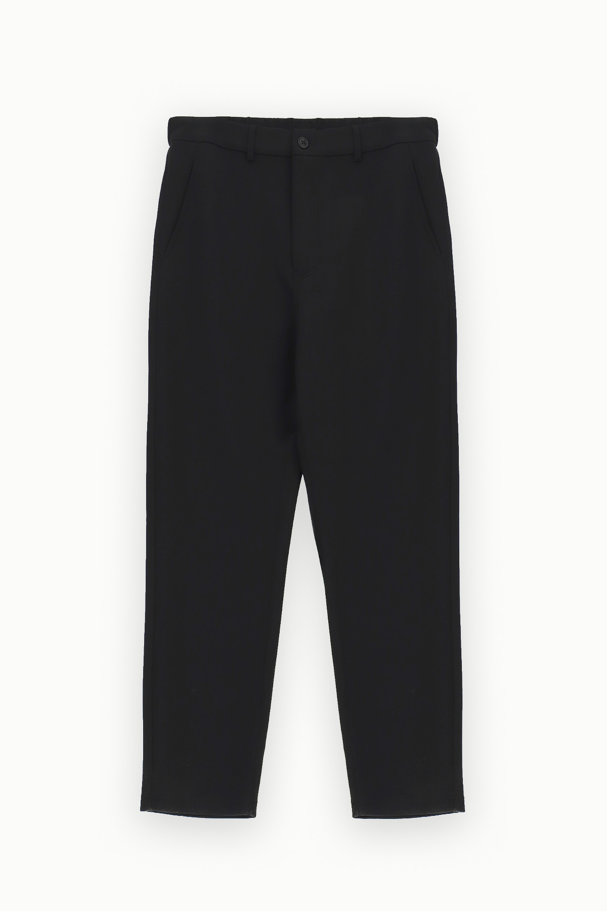 Men's black tapered trousers with side pockets and belt loops, flat lay on white background