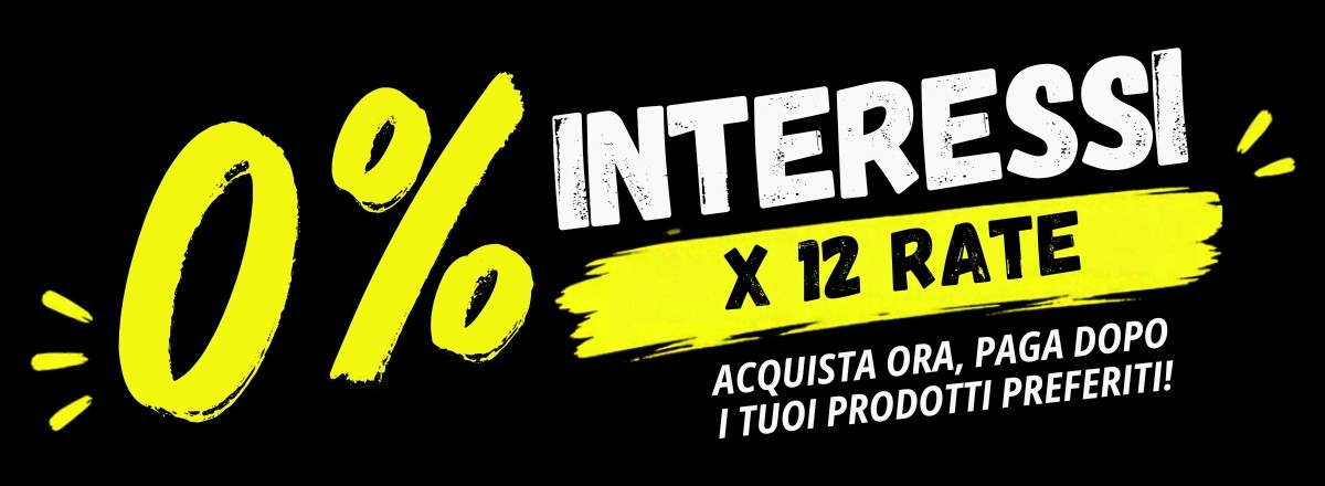 Promotional banner showing 0% interest across 12 instalments with yellow brushstroke and Italian 'buy now, pay later' message