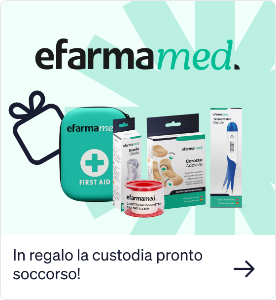 efarmamed first aid kit with adhesive plasters, bandage roll, medical tape and digital thermometer on pale green background