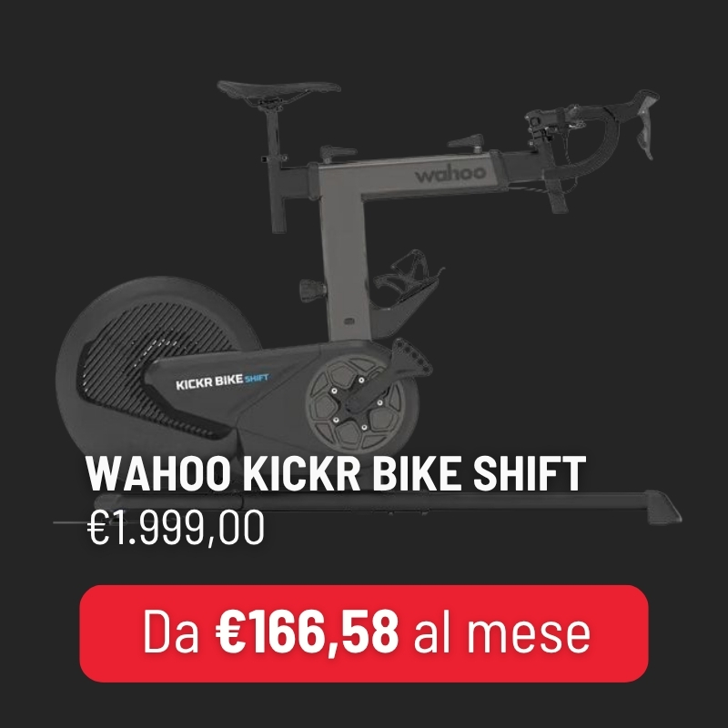 Wahoo KICKR Bike Shift smart indoor cycling bike on dark background with promotional price badge