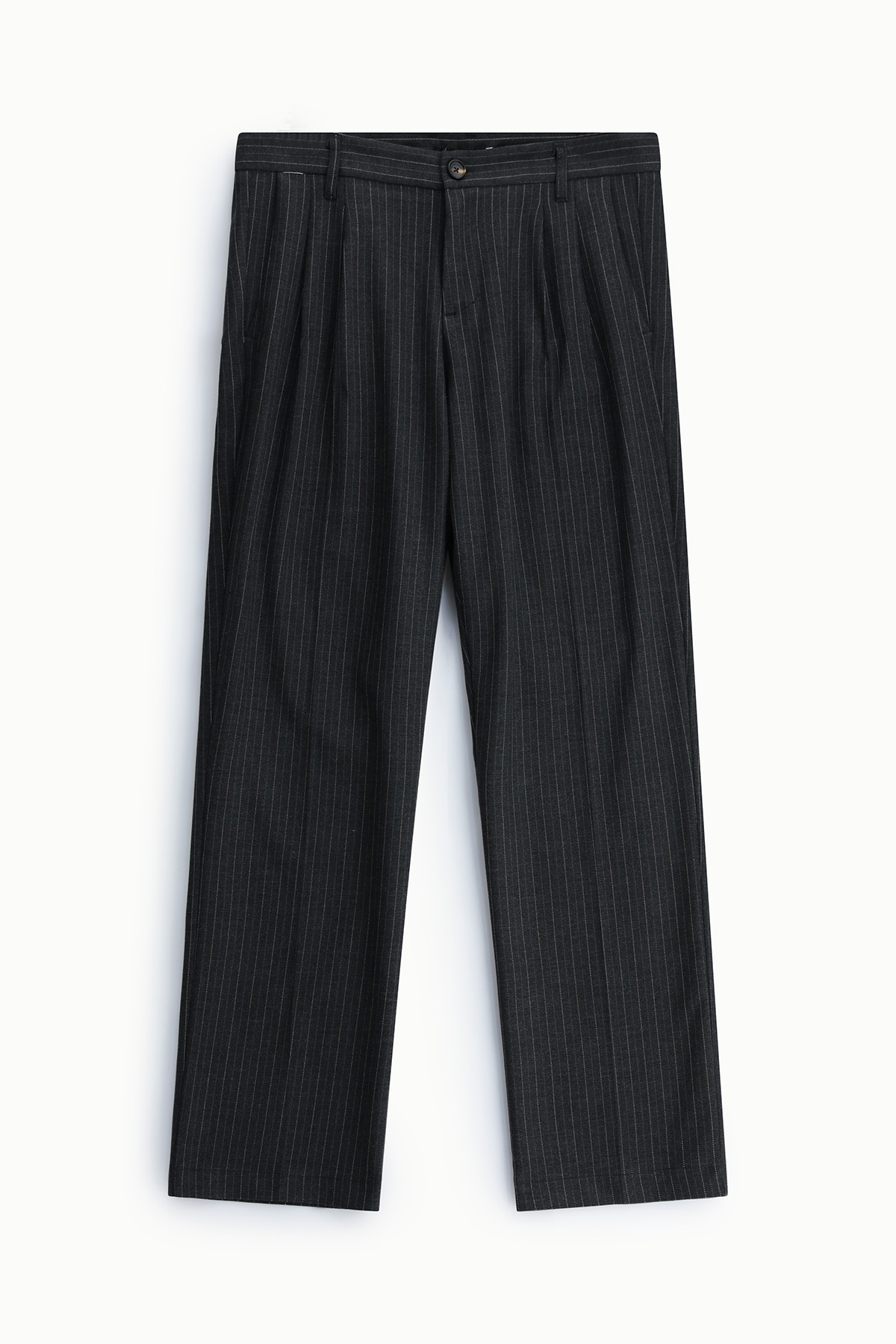 Men's charcoal pinstripe tailored trousers with pleats and belt loops, flat-lay on white background