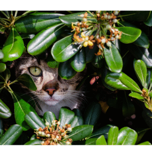 Gatto che sbuca tra le foglie di una pianta con piccoli fiori