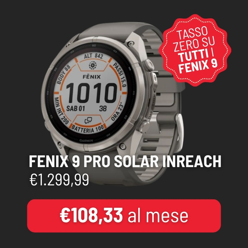 Garmin Fenix 9 Pro Solar Inreach silver smartwatch showing '1010' on display, price €1.299,99 and red monthly payment banner