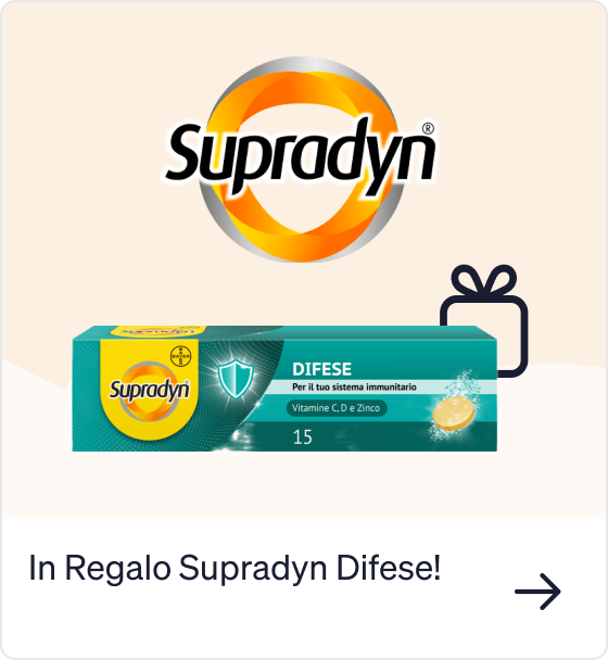 Supradyn Difese promotional banner showing Supradyn logo and box of 15 effervescent vitamin tablets (vitamins C, D and zinc)