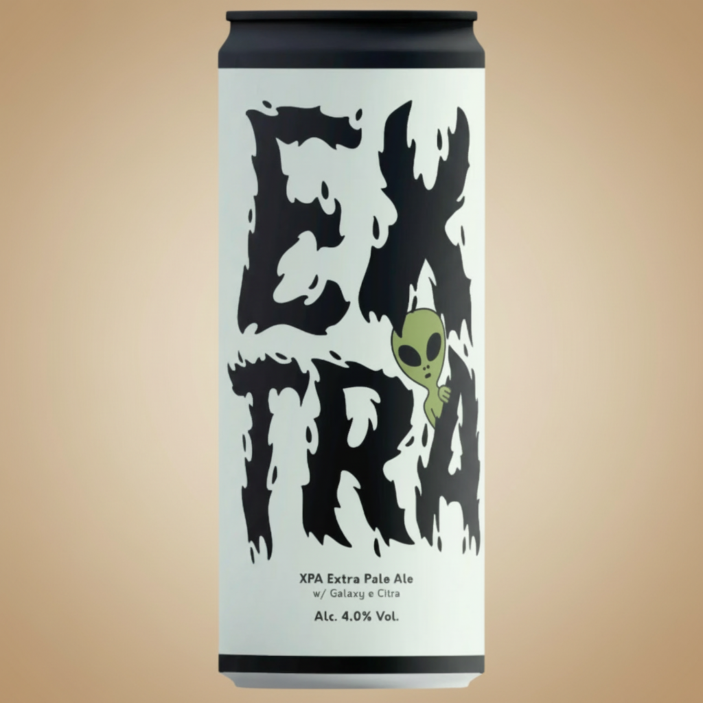 A can of "EXTRA" XPA beer with an alien graphic.