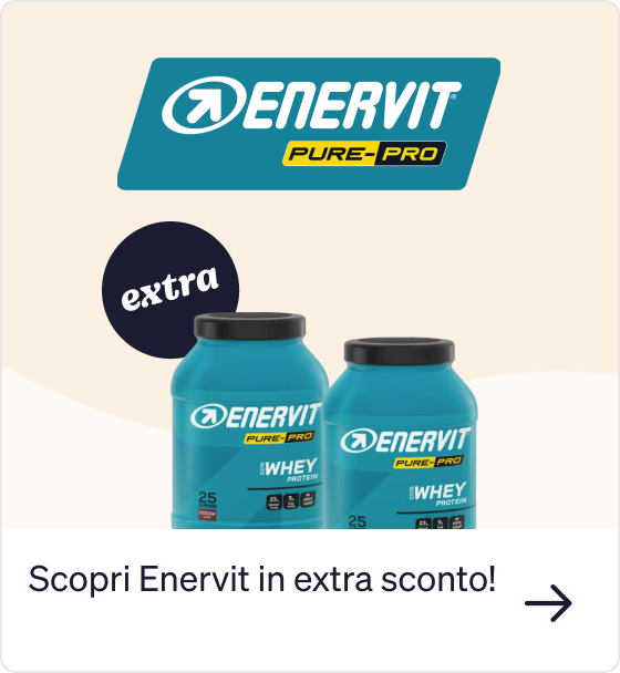 Enervit Pure-Pro whey protein tubs and brand logo with an 'extra' discount badge on a promotional banner