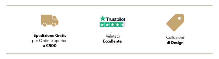 Tre icone con vantaggi: spedizione gratis per ordini superiori a €400, valutazione eccellente su Trustpilot e collezioni di design.