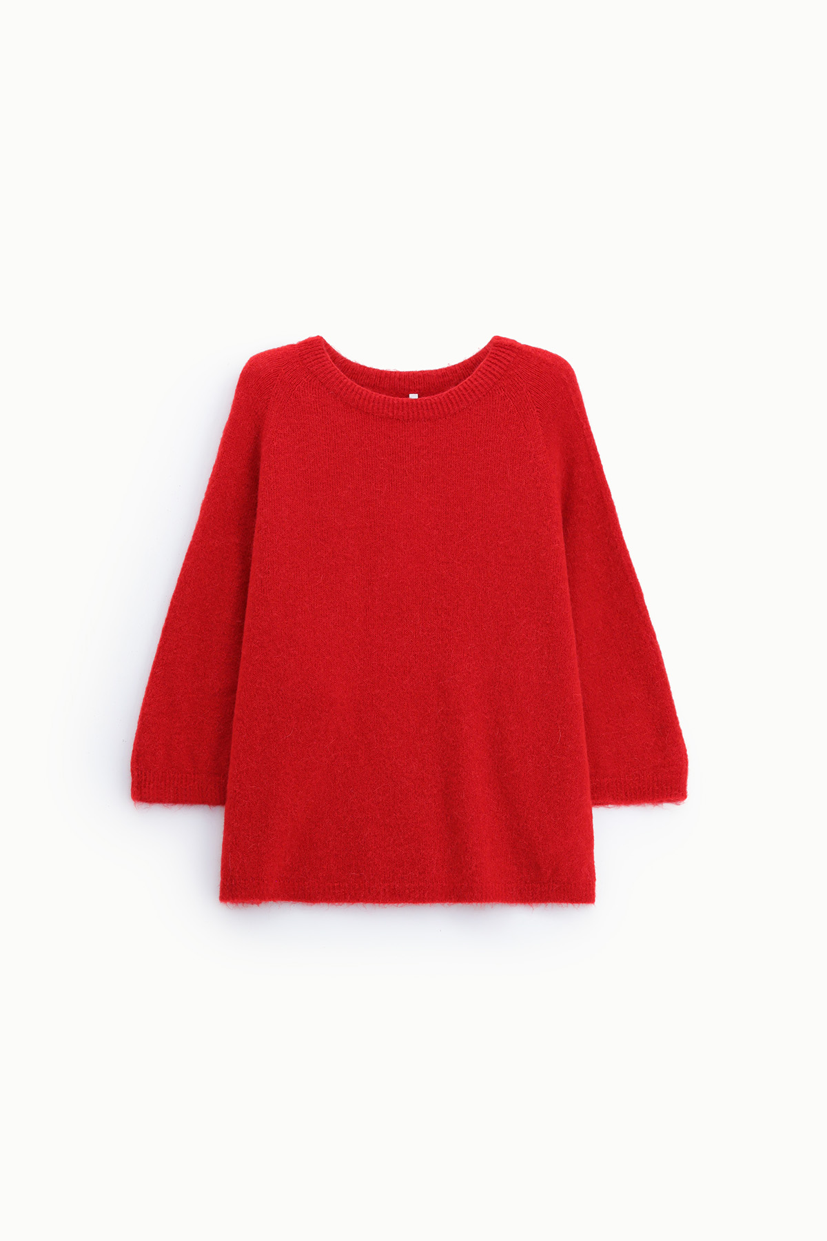 Red fluffy crew-neck jumper with long sleeves on white background