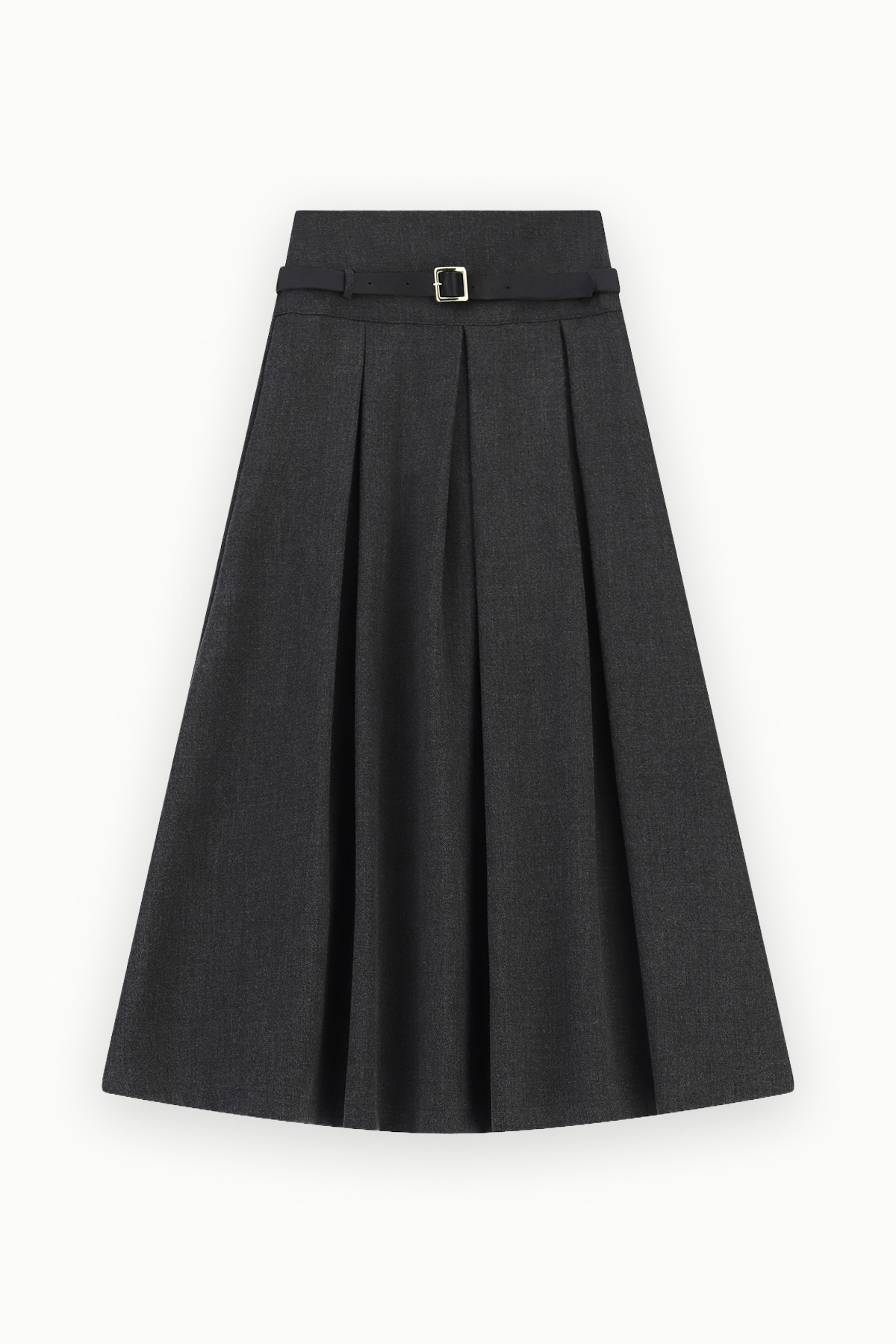 Dark grey pleated midi skirt with thin black belt and gold buckle, A-line silhouette on white background
