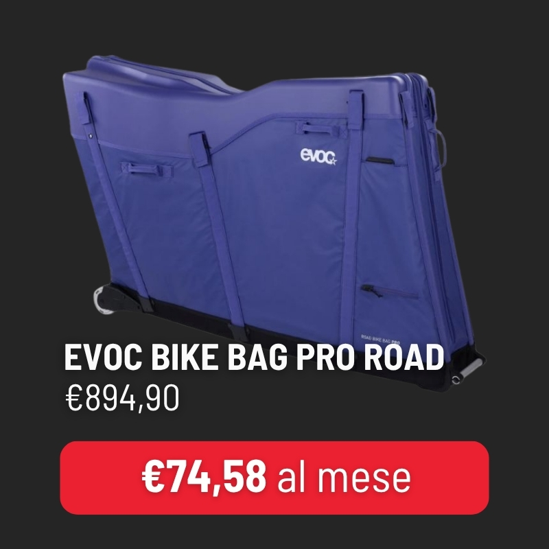 Blue EVOC Bike Bag Pro Road hard travel case on dark background with price and red monthly payment badge